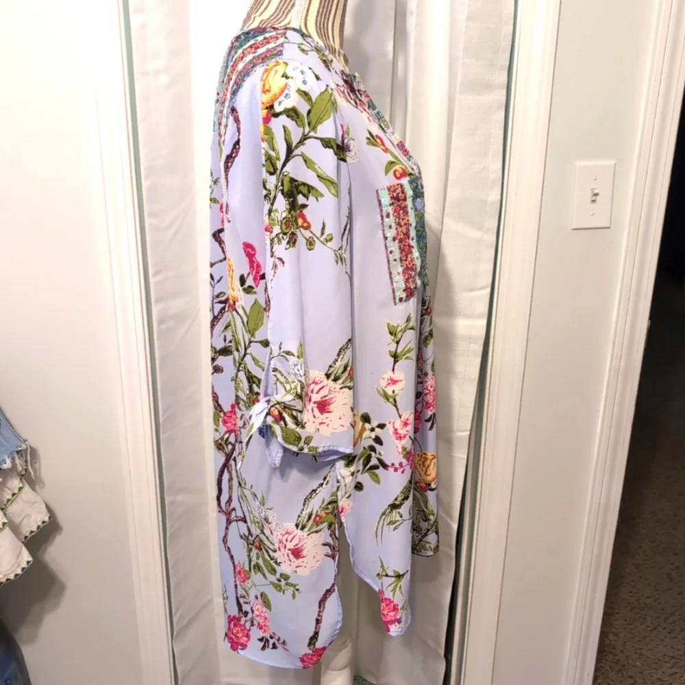 Figueroa & Flower Women's Tunic M Purple Floral 3/4 Sleeves Boho Cottage Whimsy - Picture 5 of 11